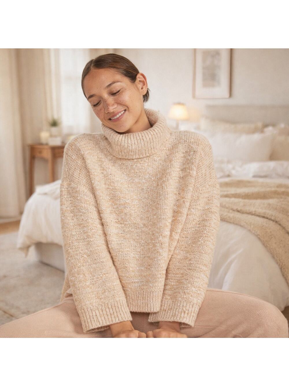 Haven Well Within SZ L Marled Turtleneck Sweater COLOR SANDSTONE/IVORY